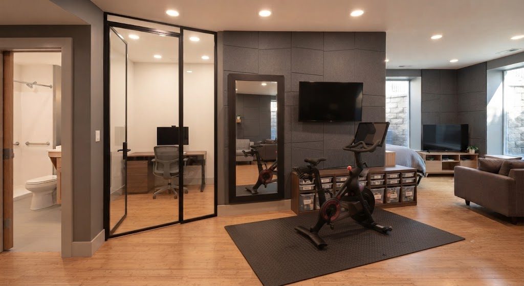 Basement Peloton Zone with Acoustic Glass Wall Peloton bike on rubber mat in basement workout zone, facing wall-mounted TV, with glass office partition visible behind.
