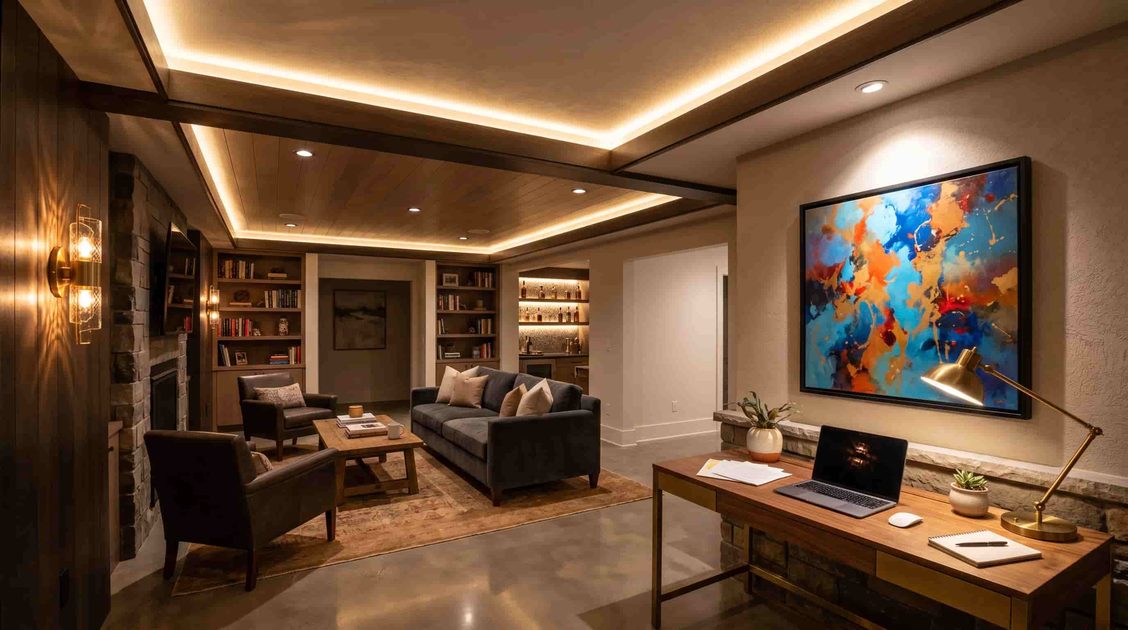 Four layers of basement lighting — cove, wall sconce, task lamp, accent spotlight — shown together in an open finished basement.