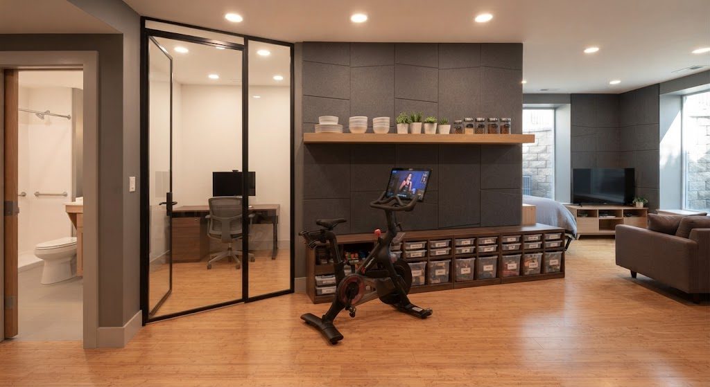  A Wicker Park Basement That Fits a Home Office, a Peloton, and a Kids' Lego Zone