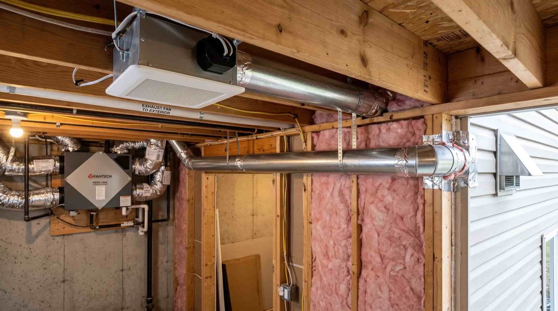 Continuous Exhaust Fan with ERV in Basement A small continuous exhaust fan mounted to the basement ceiling, ducted through the rim joist to an exterior vent, with an ERV unit mounted on the wall behind.