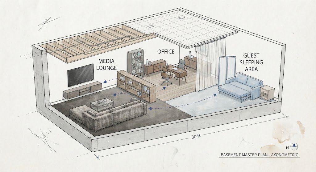 Three-Zone Basement Layout Without Walls Axonometric drawing of a basement divided into media, office, and guest zones without walls, using furniture, flooring changes, and a ceiling curtain track.