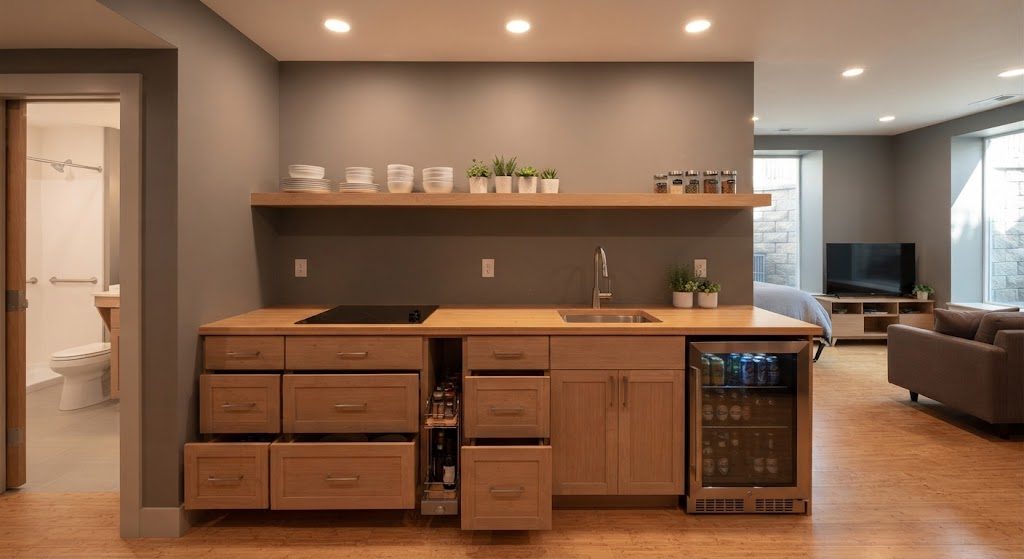Accessible Basement Kitchenette Design Basement kitchenette with induction cooktop, under-counter refrigerator, pull-out drawers, and open shelving within easy reach.