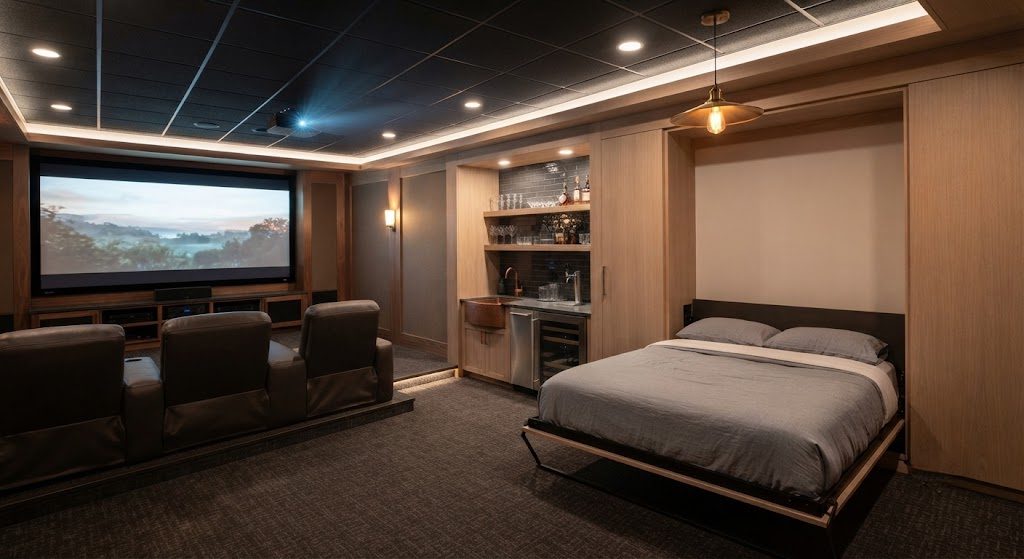 Murphy Bed Integrated with Wet Bar Murphy bed folded down beside a basement wet bar, matching white oak cabinetry, pendant light above.