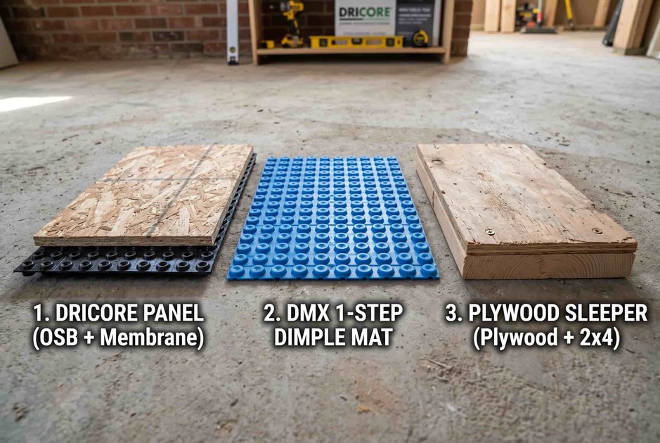 What Goes Under Your Basement Floor: Dricore, DMX, Plywood Sleepers, and When Each Makes Sense
