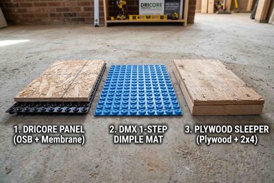 What Goes Under Your Basement Floor: Dricore, DMX, Plywood Sleepers, and When Each Makes Sense