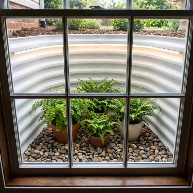 Designed Basement Window Well with Plants and Light Looking from a finished basement through a window into a window well with white metal walls, river rock, potted ferns, and an LED strip washing the walls.