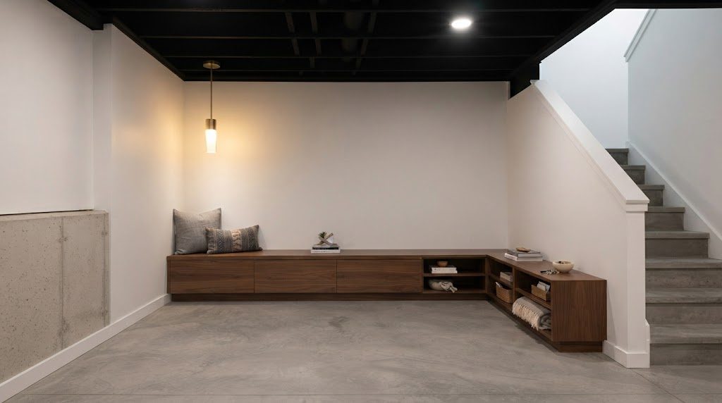 Basement stair landing transformed into an arrival zone with a built-in bench, a hanging pendant light, and a low open shelf acting as a room divider.