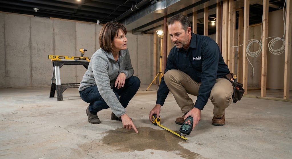 A homeowner and contractor examining a basement concrete slab with a tape measure and moisture meter, discussing subfloor options.
