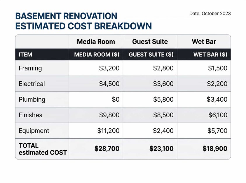 Line-item cost breakdown for three basement types — media room, guest suite, wet bar — showing framing, electrical, plumbing, finishes, and equipment costs.