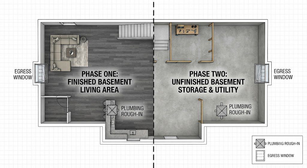 Floor plan of a phased basement, half finished and half unfinished, with plumbing rough-in, electrical, and egress window locations marked across the entire footprint.