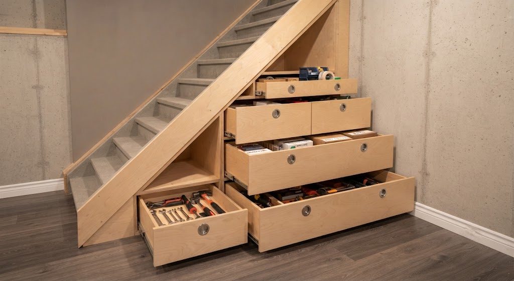 Custom pull-out storage drawers fitted into the angled space beneath a basement staircase, with plywood drawer fronts and recessed finger pulls.