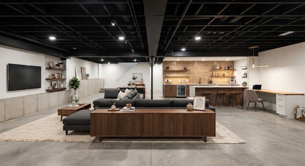 An open basement where the back of a sectional sofa and a low millwork unit separate the lounge from the bar, with a rug anchoring the seating area.