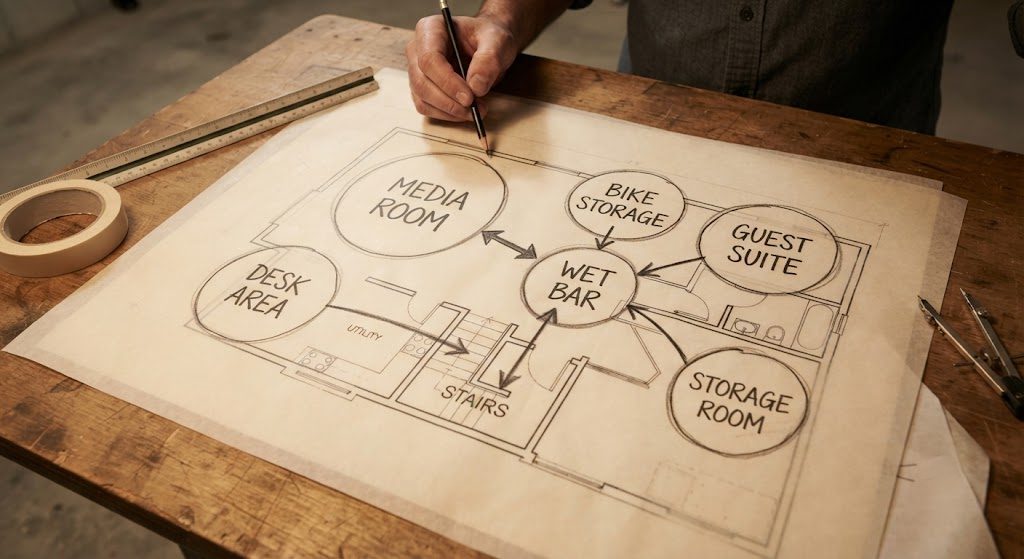 Hand-drawn bubble diagram overlaid on a basement floor plan, showing functional zones labeled media, desk, bike, bar, guest, and storage with adjacency arrows.