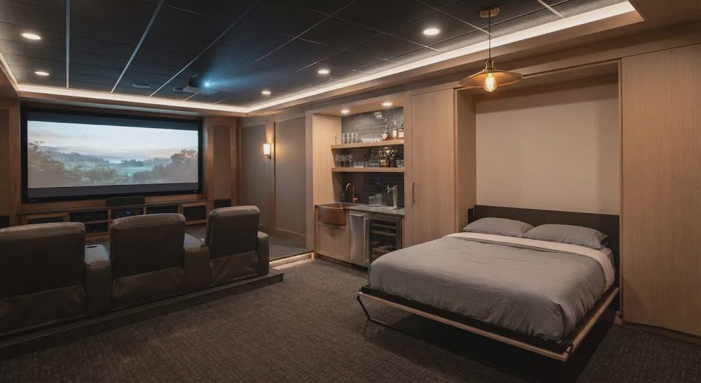 Murphy bed folded down beside a basement wet bar, matching white oak cabinetry, pendant light above.