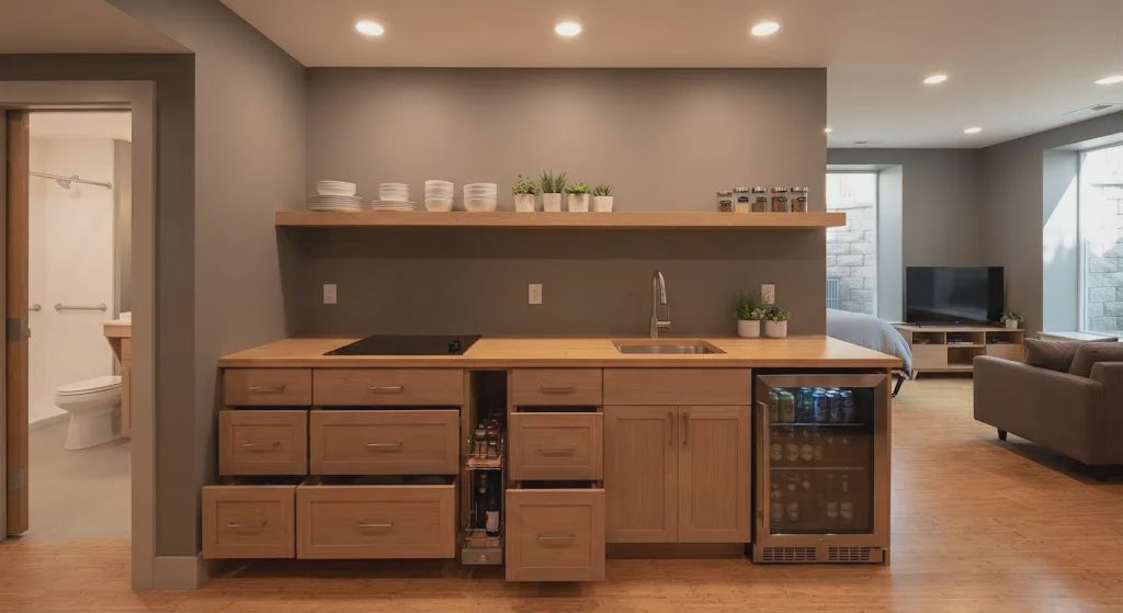 Basement kitchenette with induction cooktop, under-counter refrigerator, pull-out drawers, and open shelving within easy reach.