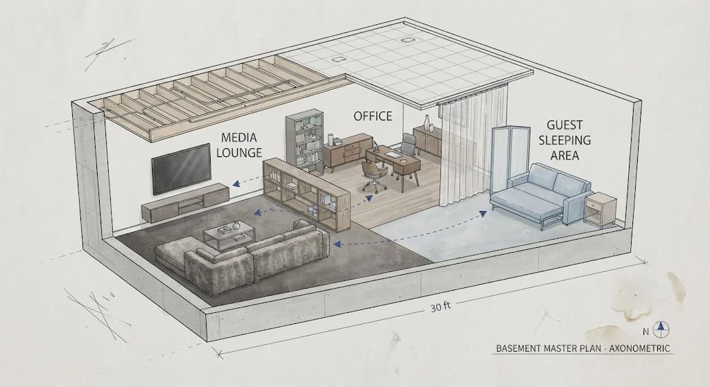 Axonometric drawing of a basement divided into media, office, and guest zones without walls, using furniture, flooring changes, and a ceiling curtain track.
